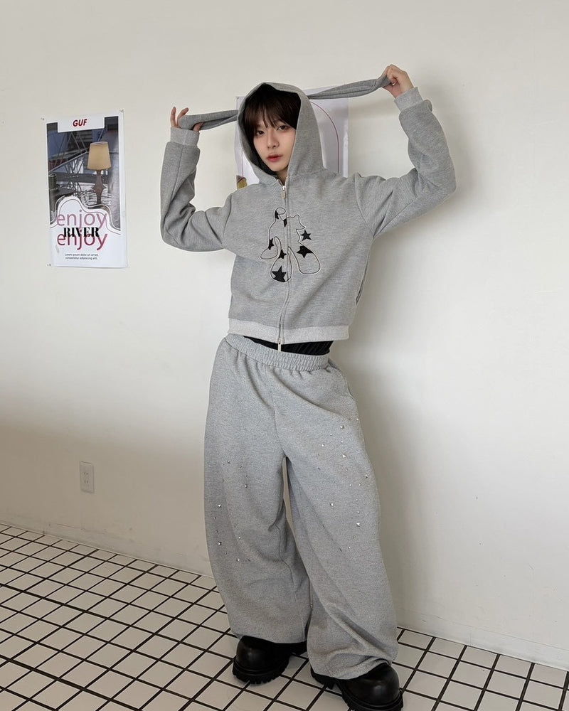 国際配送【LUV CODE】rhinestone wide sweat pants (2color)