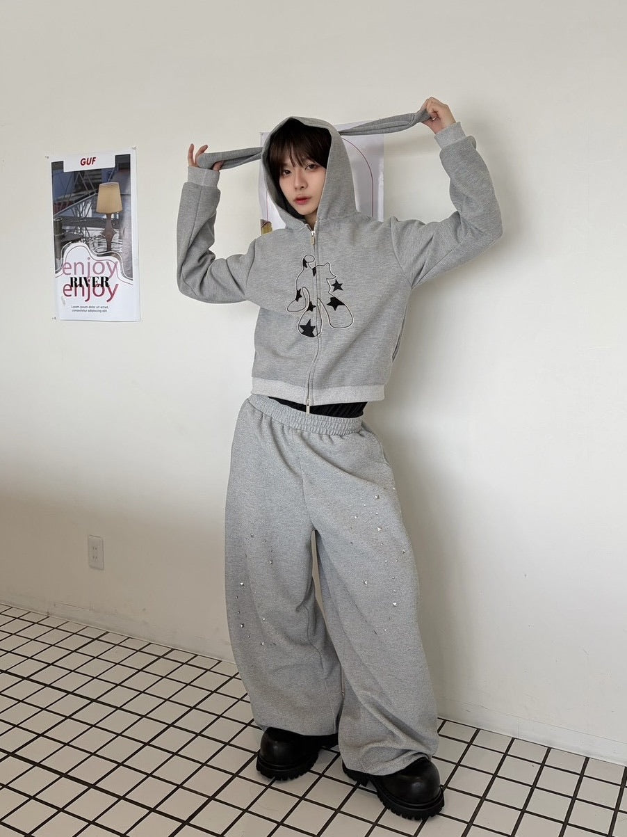国際配送【LUV CODE】rhinestone wide sweat pants (2color)