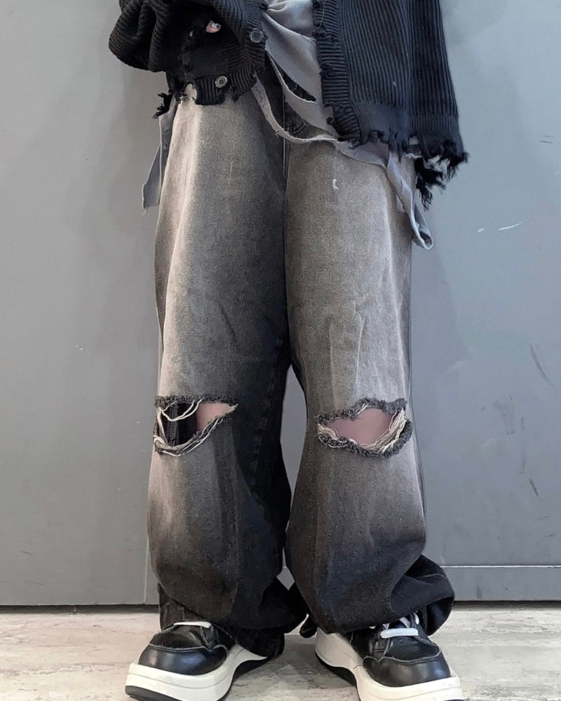 受注制【Never mind the XU】vintage wash damage denim pants (2color)