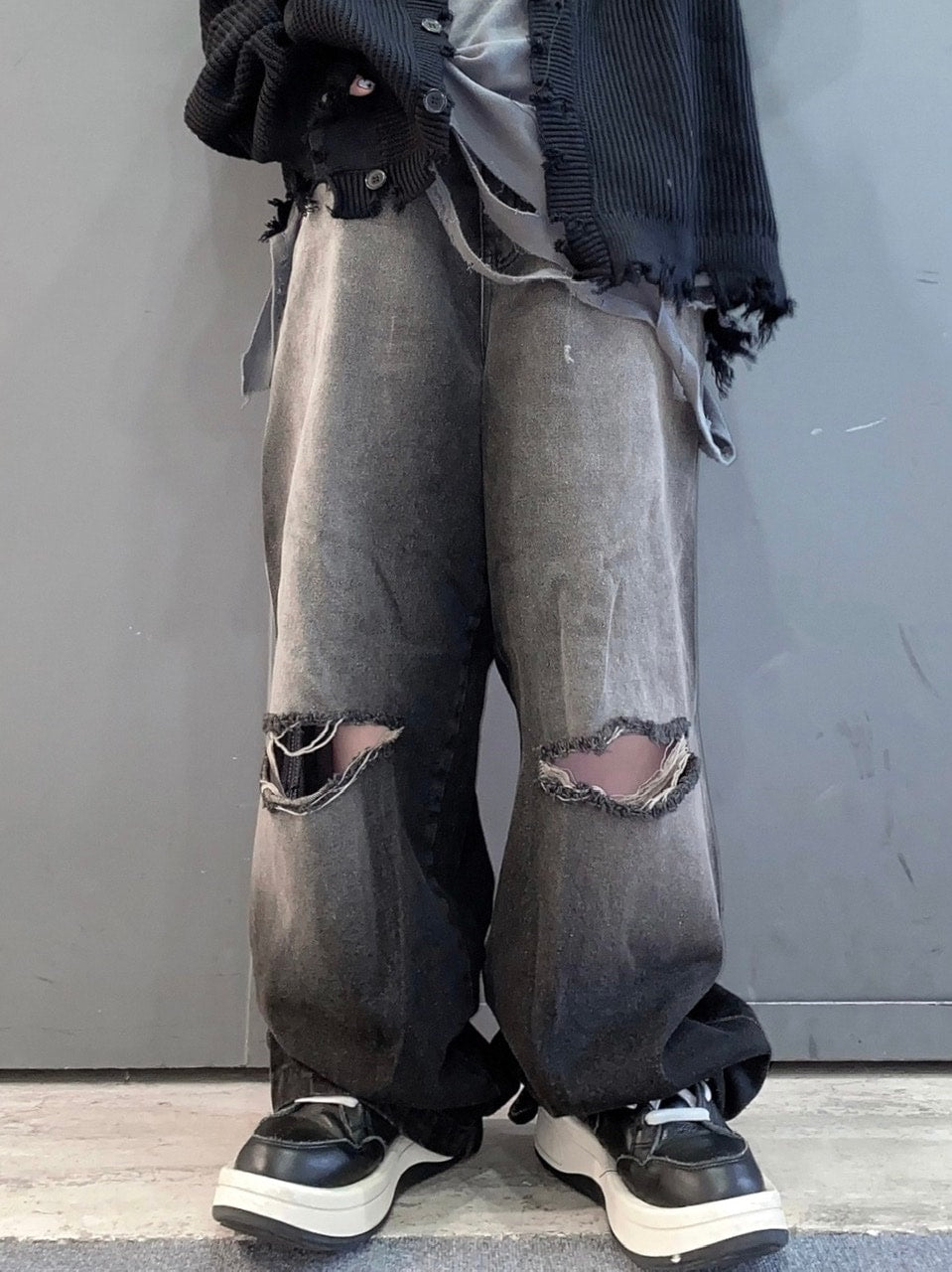 受注制【Never mind the XU】vintage wash damage denim pants (2color)