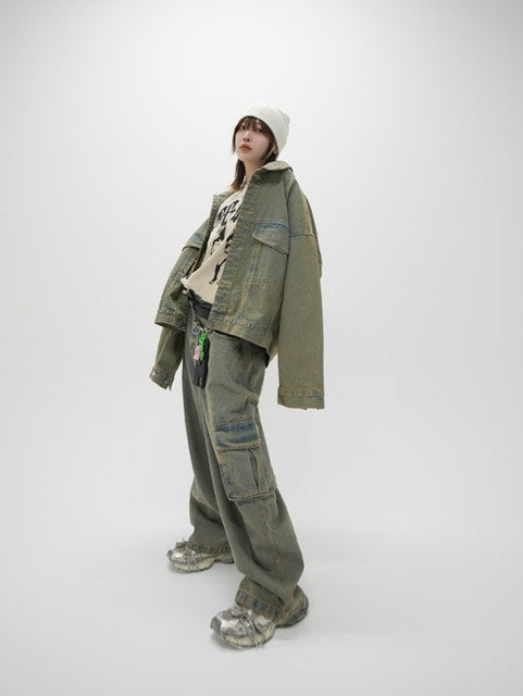 受注制【Never mind the XU】set up washed denim jacket (2color)