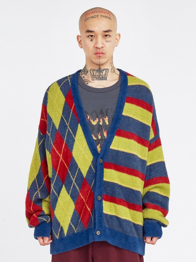 【AJOBYAJO】Argyle Stripe Mixed Cardigan / 【アジョバイアジョ】アーガイルストライプボーダーミックス長袖カーディガン