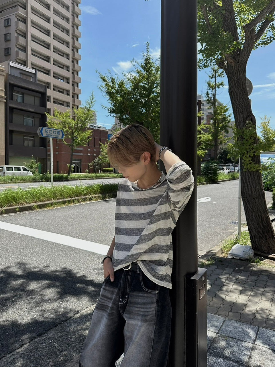 大阪店WEB限定受注制【Chikashitsu +】shoulder snap border knit (2color)