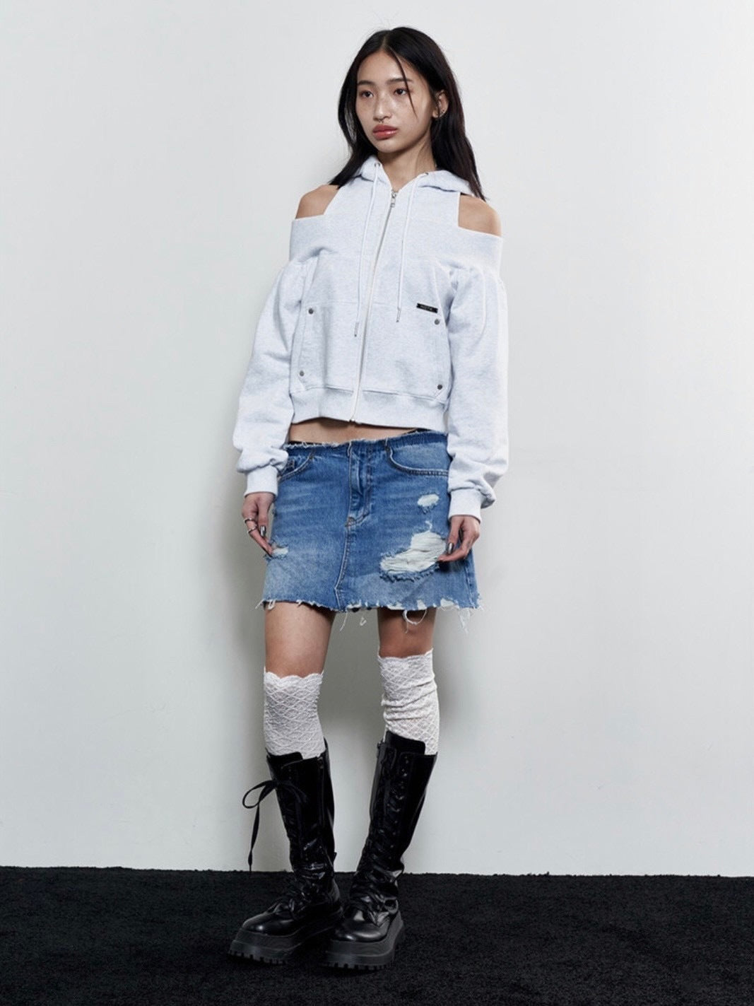 【NOT KNOWING】Open Shoulder Zip Up Hoodie / 【ノットノーイング】オープンショルダージップアップパーカー