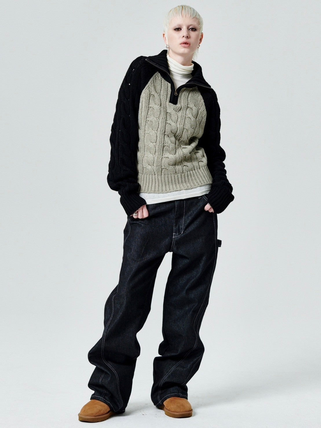 【runningHIGH】COLOR BLOCK TURTLENECK ZIP UP KNIT PULLOVER