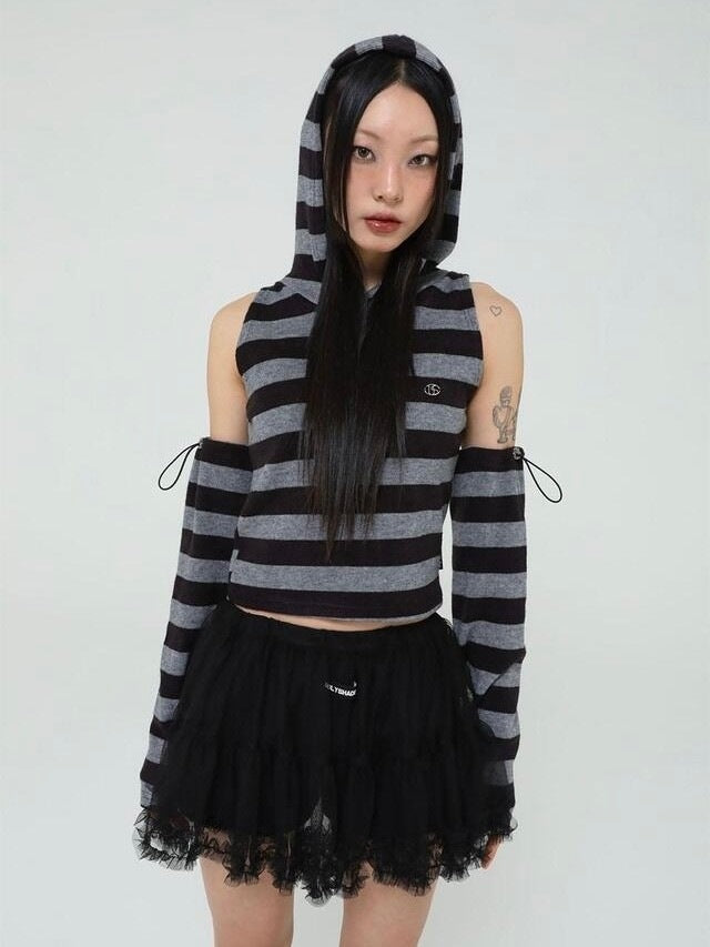 【Uglyshadow】STRIPED HOODED KNIT VEST WARMER SET