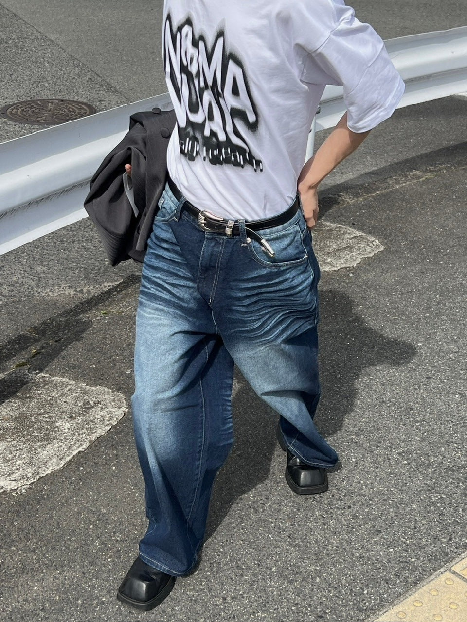 【Chikashitsu +】design washing wide denim pants (2color) / 【チカシツプラス】デザインウォッシングワイドデニムパンツ