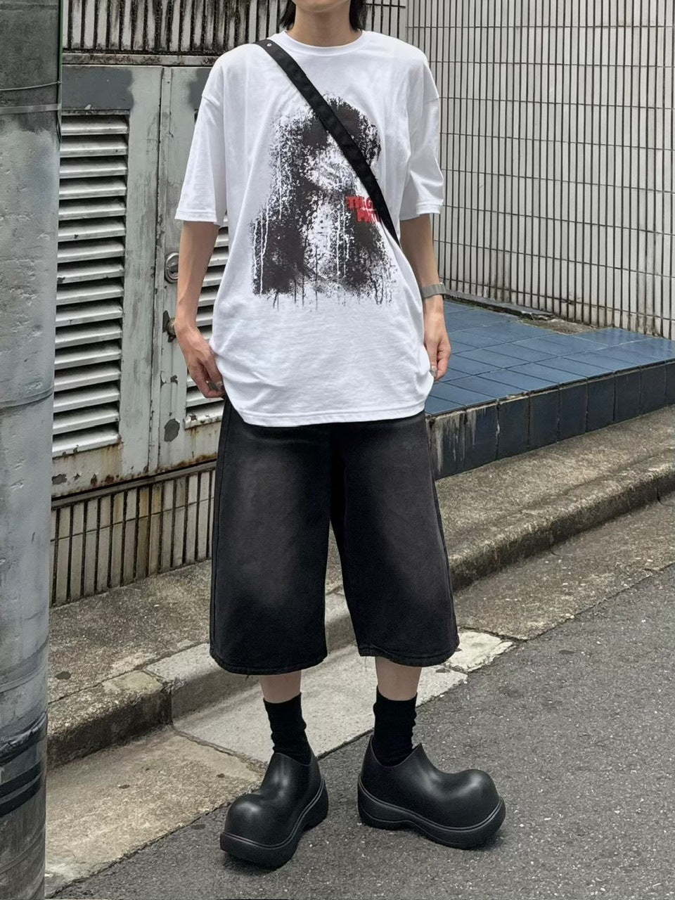【Chikashitsu +】vintage wash wide denim half pants (2color)