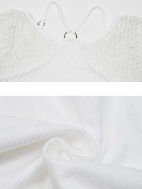 【NOT KNOWING】Net Sleeve Neck Strap O-Ring Top