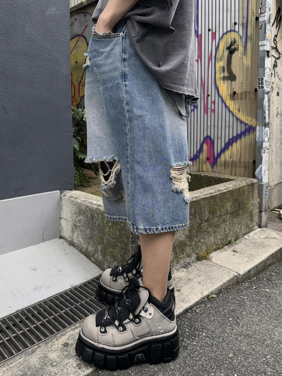 受注制【Never mind the XU】damage denim shorts 2 (2color)