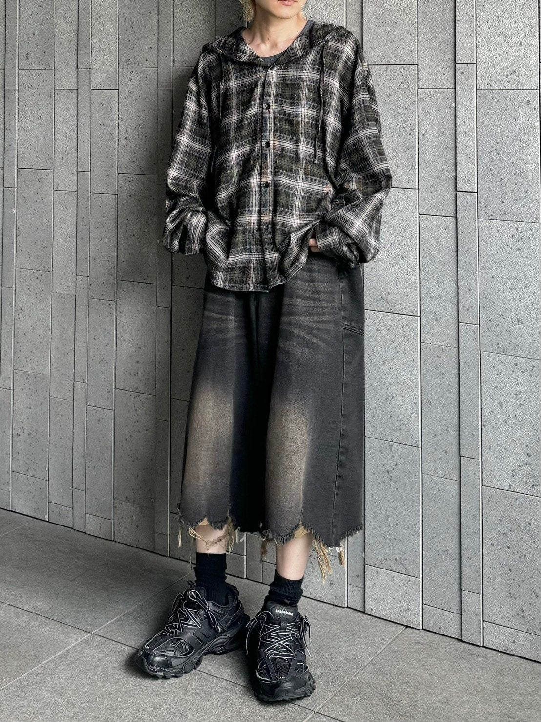 受注制【Chikashitsu +】glen check hooded shirt (2color) / 【チカシツプラス】グレンチェックフード長袖シャツ