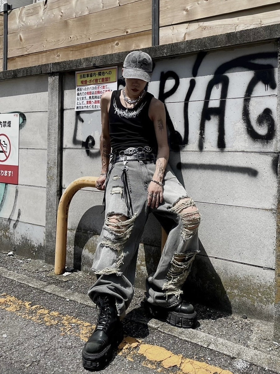受注制【Never mind the XU】damage denim pants (3color) / 【ネバーマインドザエックスユー】ダメージデニムパンツ