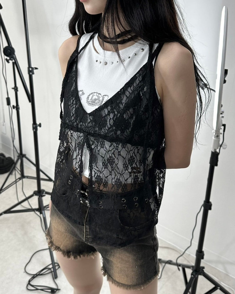 受注制【Never mind the XU】tie scarf lace tops (2color)