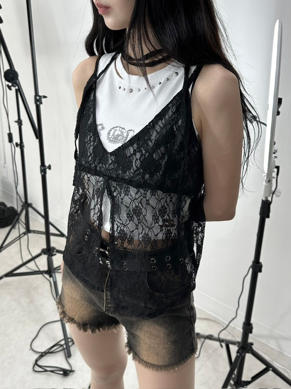 受注制【Never mind the XU】tie scarf lace tops (2color)