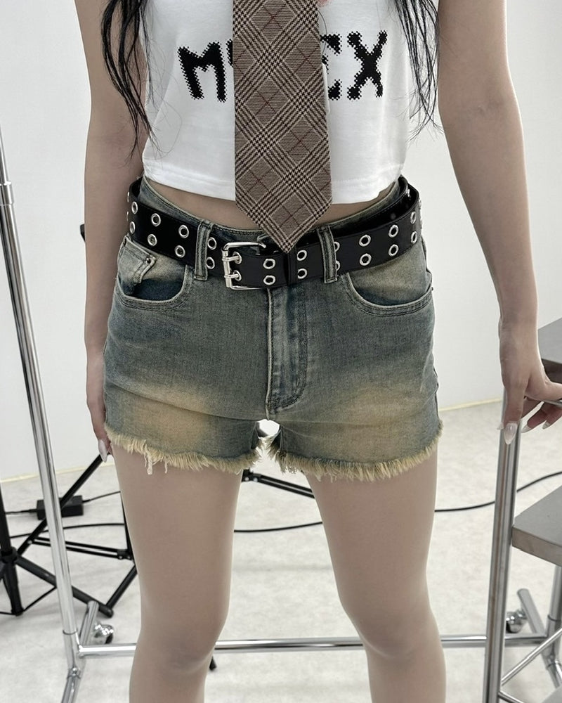受注制【Never mind the XU】vintage wash denim short pants (2color)