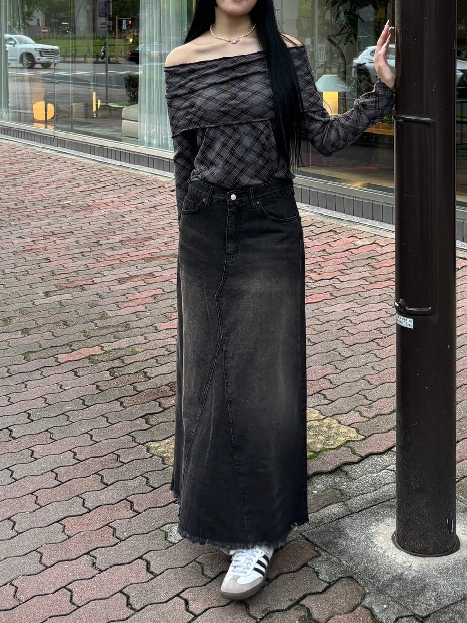 受注制【oaks】vintage wash denim maxi skirt (2color)