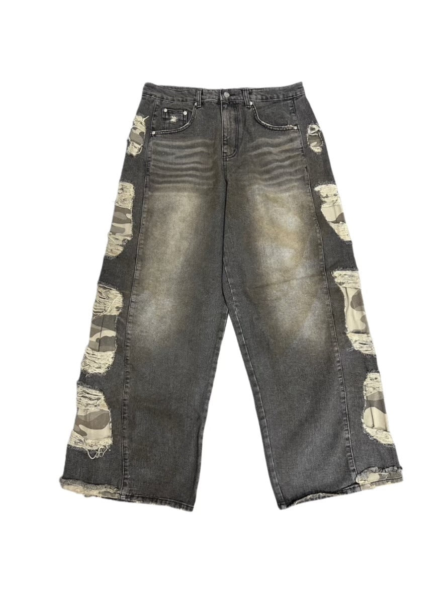 受注制【Never mind the XU】camouflage side damage denim pants (2color) / 【ネバーマインドザエックスユー】カモフラージュサイドダメージワイドデニムパンツ