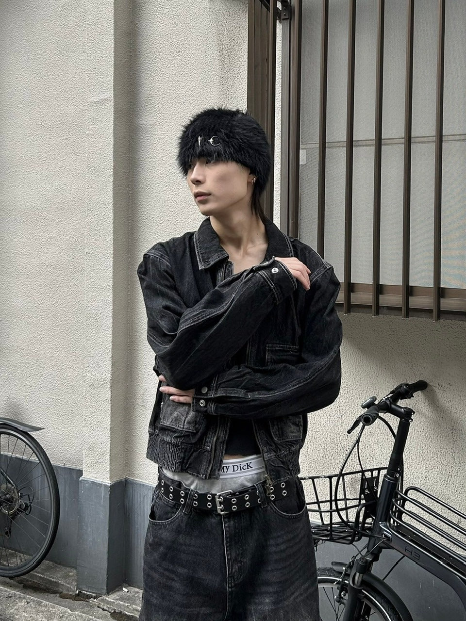 大阪店WEB限定受注制【Chikashitsu +】vintage wash cropped denim jacket (black)