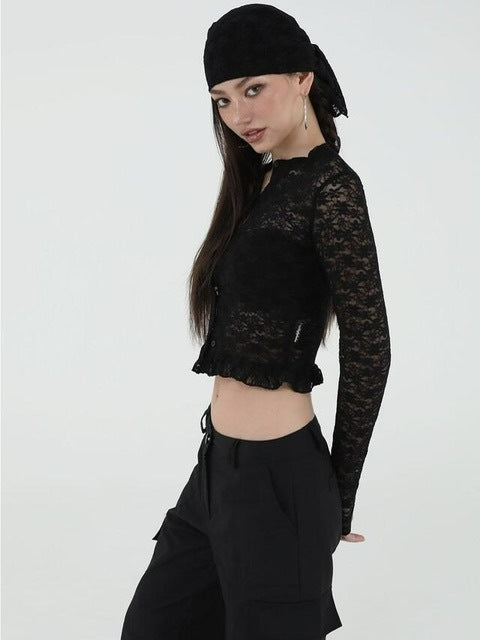 【Uglyshadow】LACE FRILL CARDIGAN / 【アグリーシャドウ】レースフリル長袖カーディガン