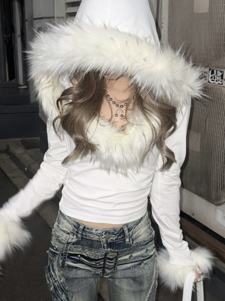 受注制【Never mind the XU】v neck crop fur hoodie (2color)