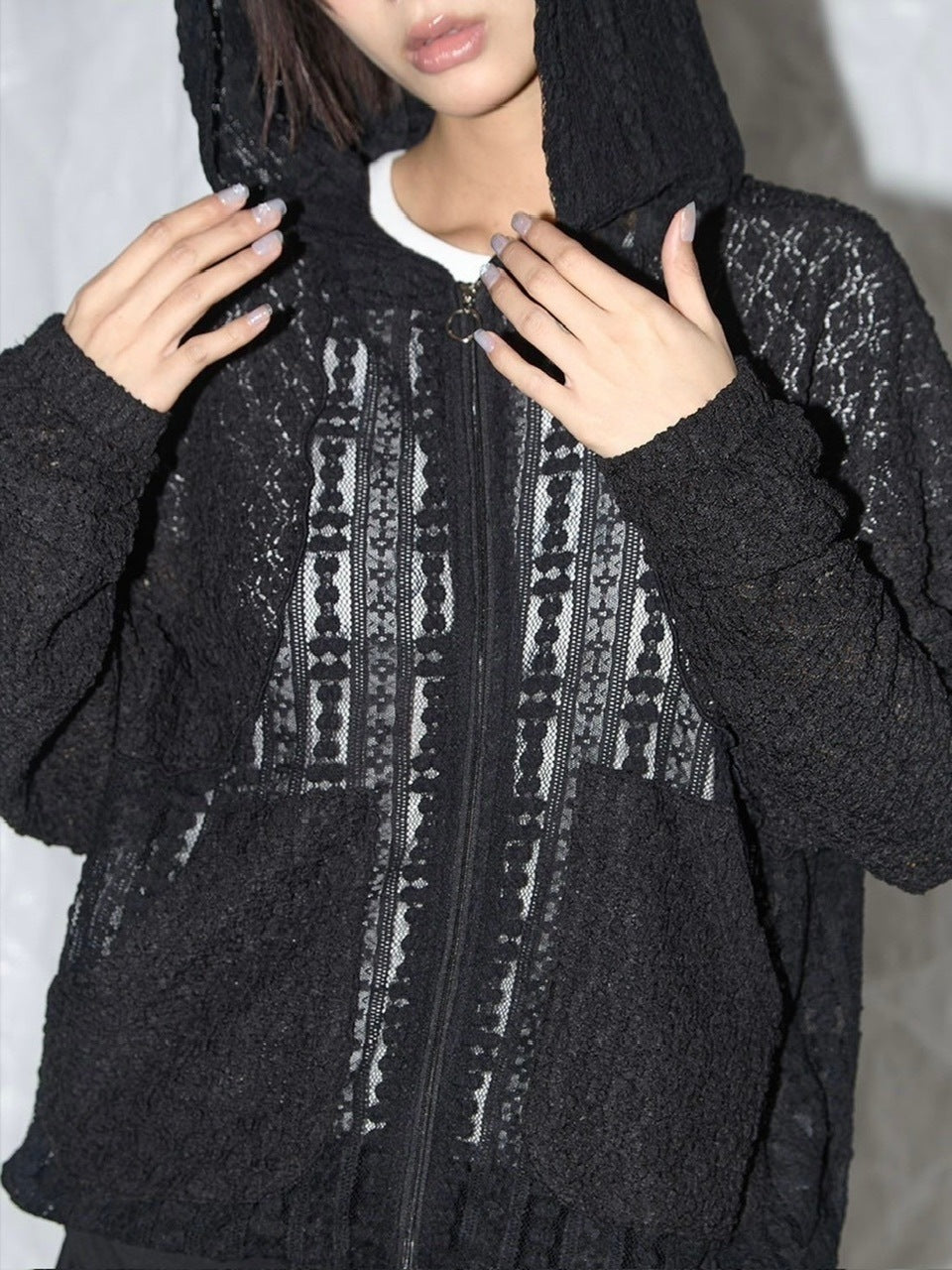 【FANCY CLUB】PLUMPY LACE LINE HOOD ZIP-UP / 【ファンシークラブ】レースメッシュジップアップパーカー