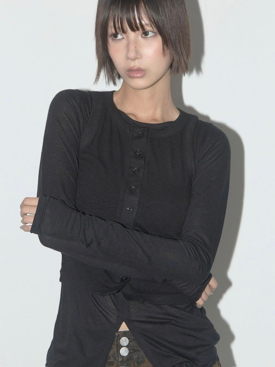 【FANCY CLUB】3-WAY BUTTON LAYERED LONG SLEEVE / 【ファンシークラブ】ボタンベストレイヤード長袖Tシャツ