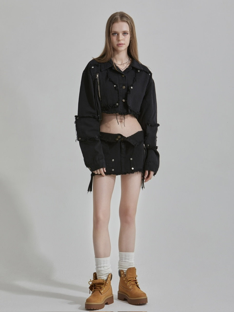 【GATELESS】RIVET FRINGE DENIM MINI SKIRT