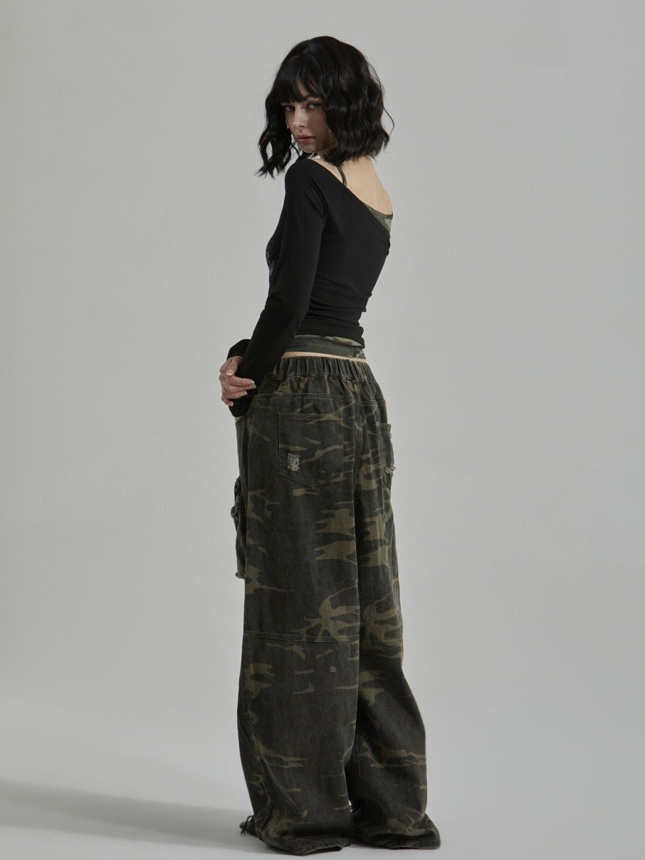 【GATELESS】CAMOUFLAGE LAYERED ONE SHOULDER T-SHIRT