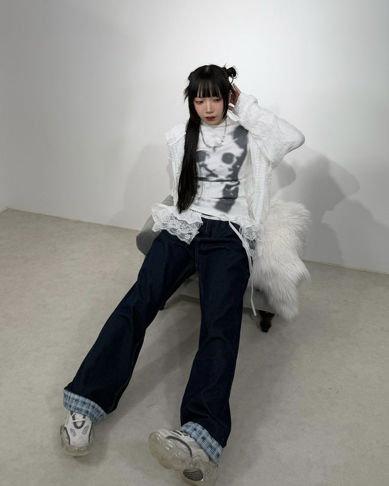 国際配送【Nerd out XU】design check wide denim pants