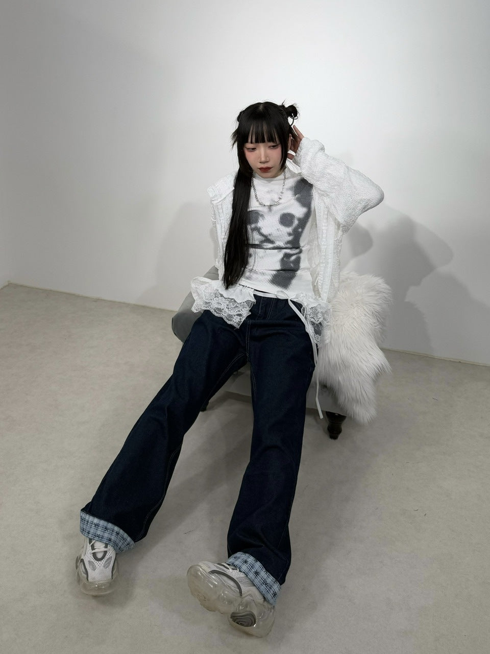 国際配送【Nerd out XU】design check wide denim pants