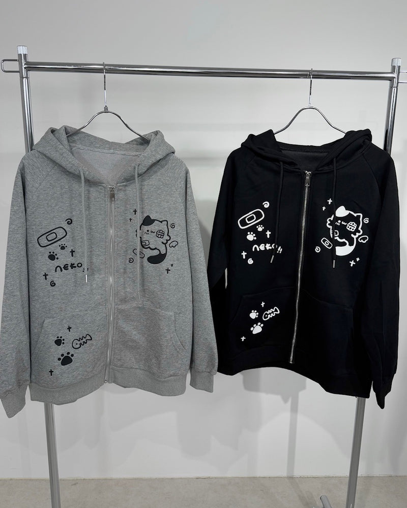 国際配送【Nerd out XU】neko!! Zip hoodie (2color) / 【ナードアウトエックスユー】キャットプリント猫耳ジップフーディ