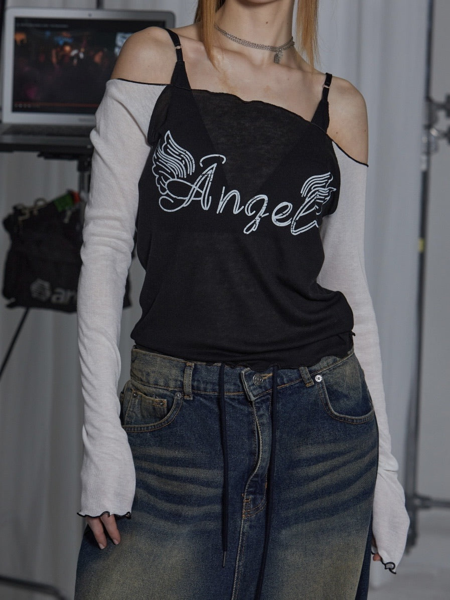 【GATELESS】SHEER OFF SHOULDER T-SHIRT