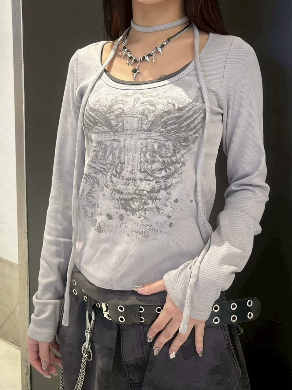 【Never mind the XU】tie set cross wing long sleeve tee (3color) / 【ネバーマインドザエックスユー】ネクタイセットクロスウィングプリント長袖Tシャツ