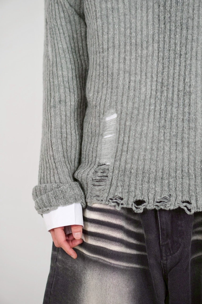 【Chikashitsu +】damage reverse v neck knit (3color) / 【チカシツプラス】リバースVネックダメージニット