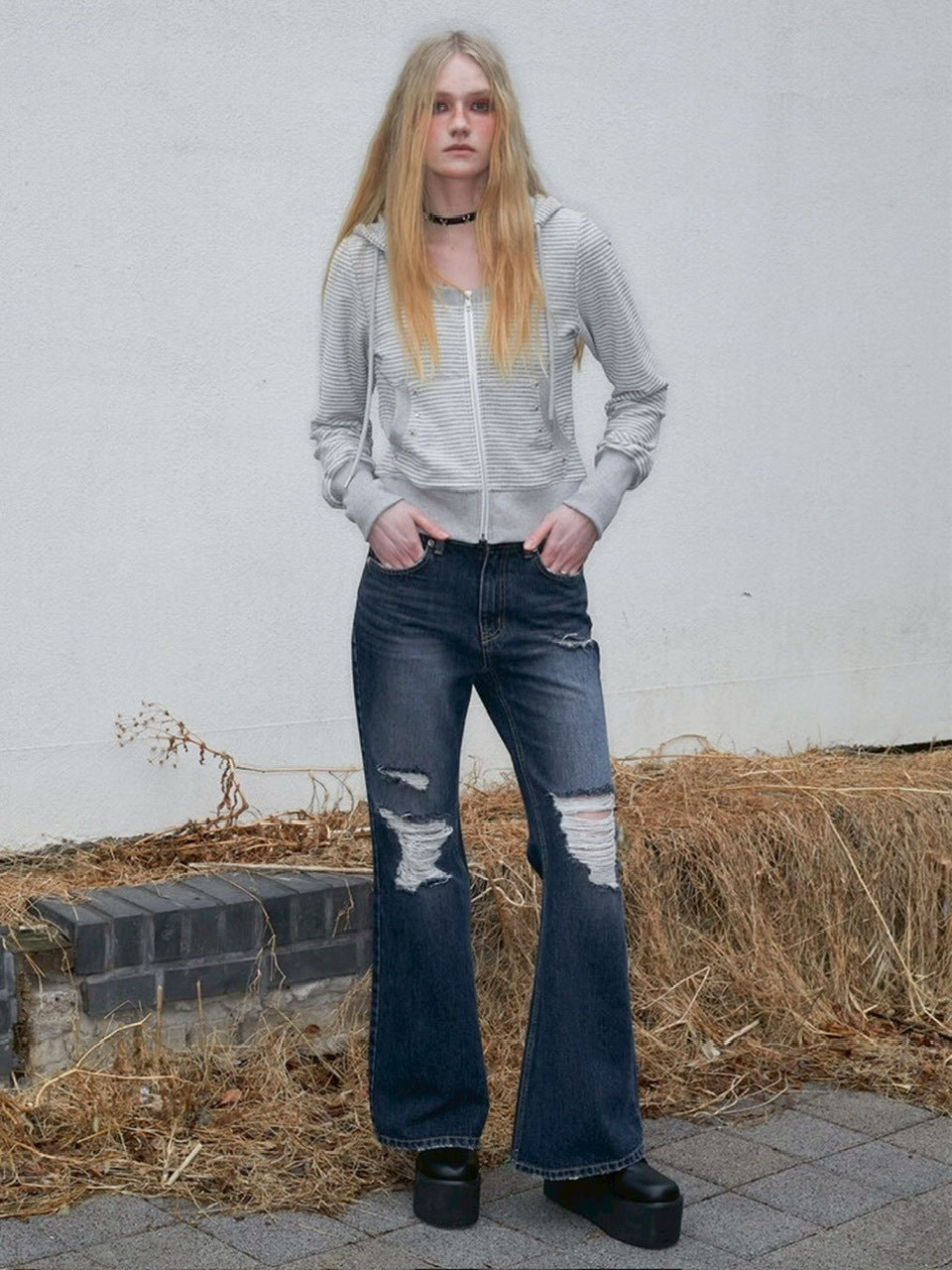 【NOT KNOWING】U Neck Stripe Hood Zip Up