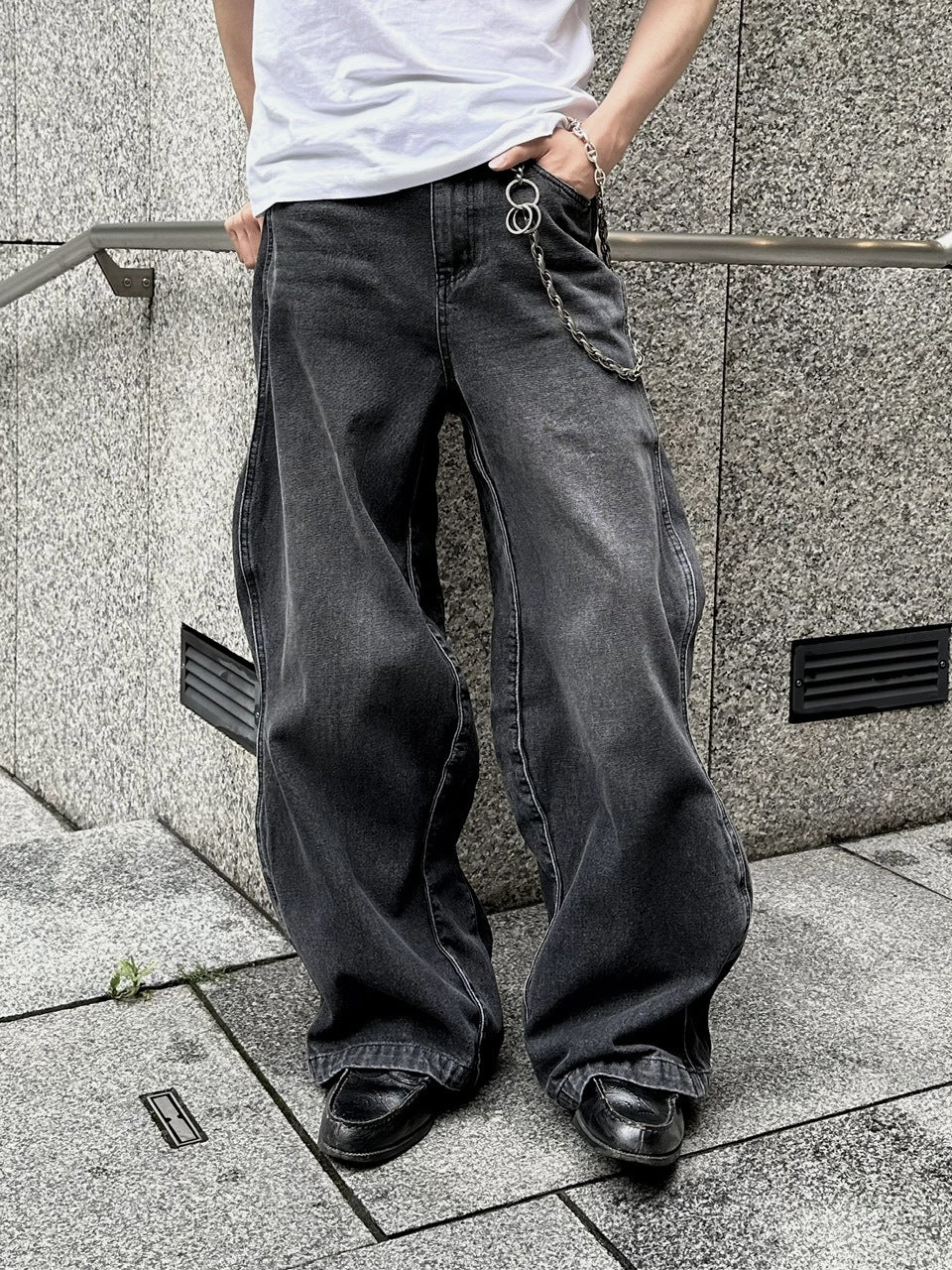 【Chikashitsu +】side wave design denim pants (BLACK)