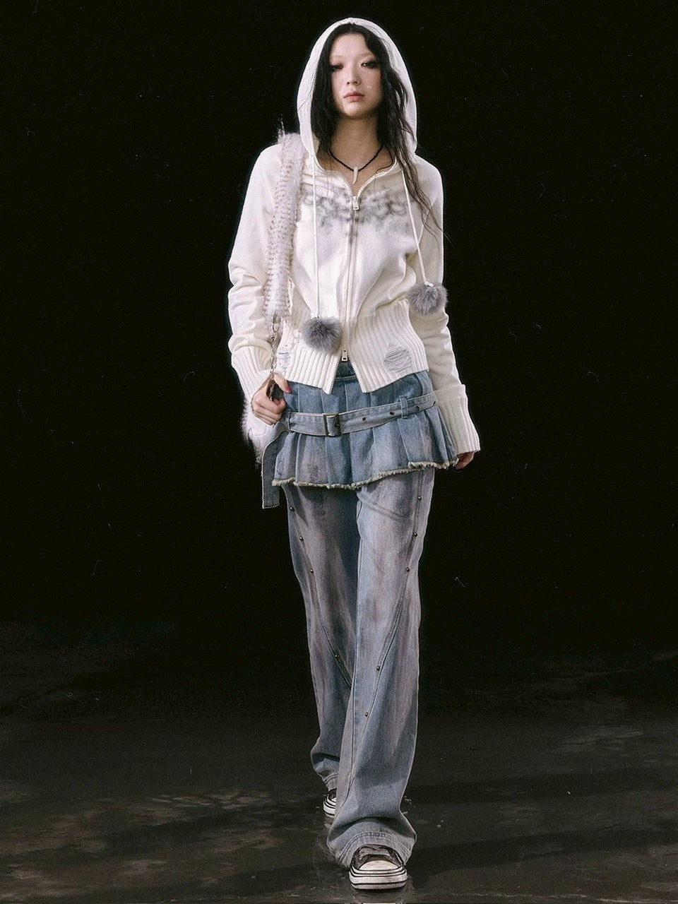 【Cest Nous】Dirty Wash Blue Denim Jeans / 【セヌー】ダーティーウォッシングスカートレイヤードデニムパンツ