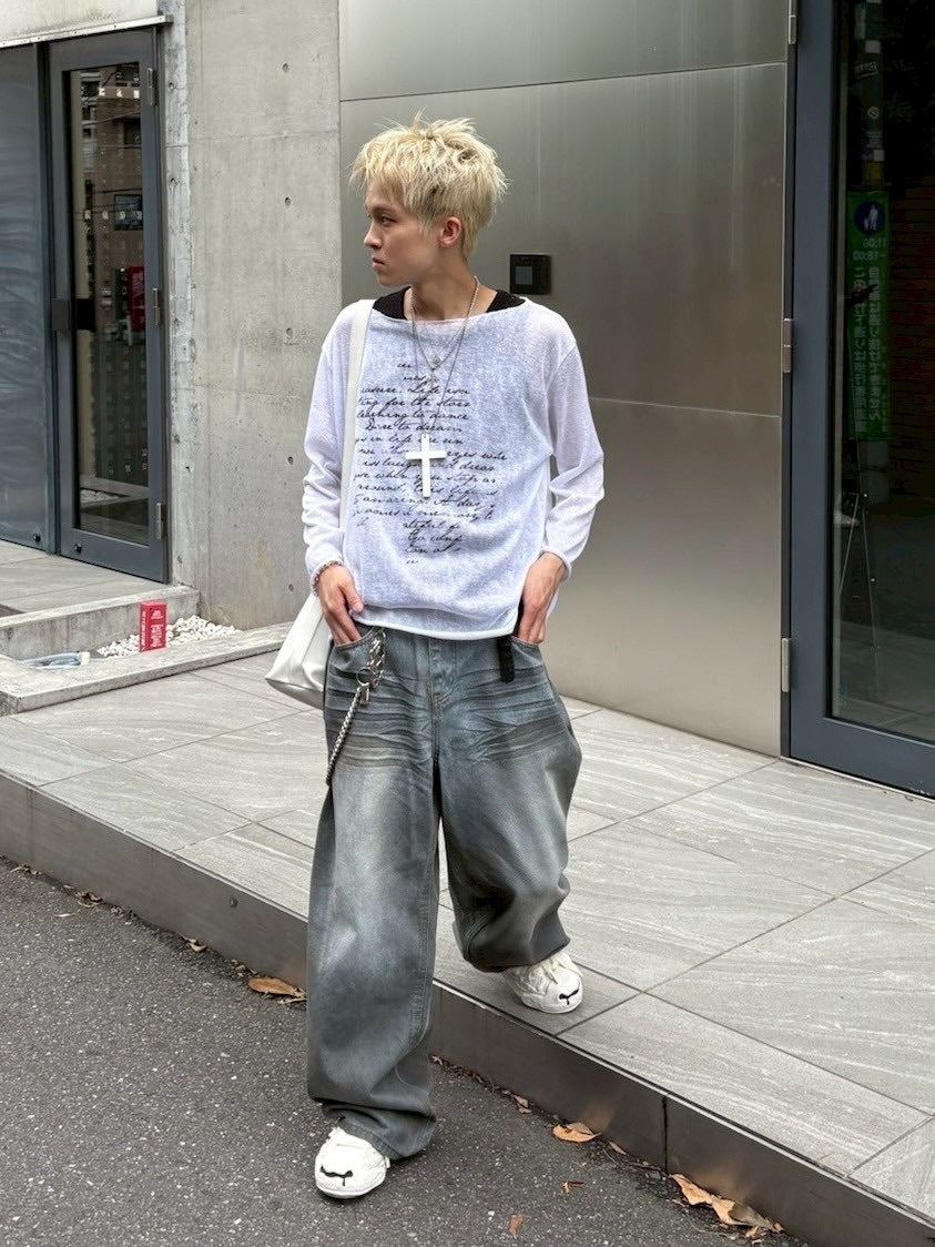 受注制【nmtc +】see through lettering long sleeve (3color) / 【エヌエムティーシープラス】シースルーレタリングプリント長袖Tシャツ