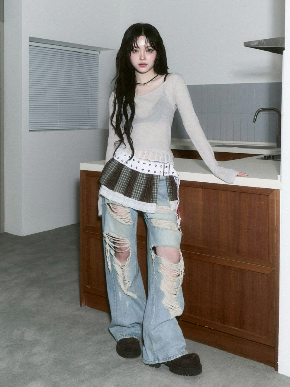 【CHERRYQUIRI】sheer layered unbal sleeve / 【チェリーキュリー】シアーレイヤードアンバランス長袖トップス