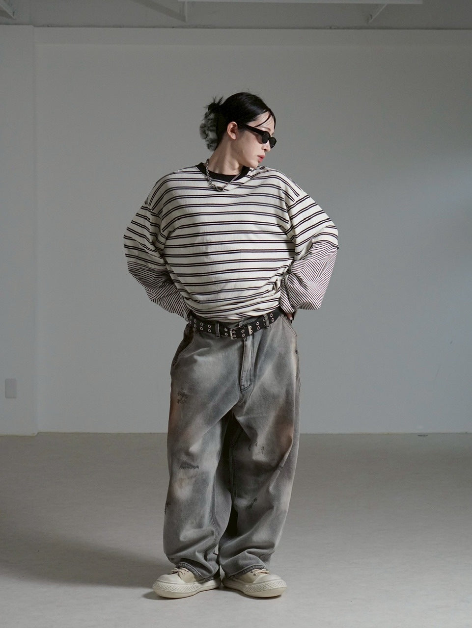 【Chikashitsu +】oversized layered border washed long sleeve / 【チカシツプラス】オーバーサイズウォッシュドレイヤードボーダー長袖Tシャツ(2color)