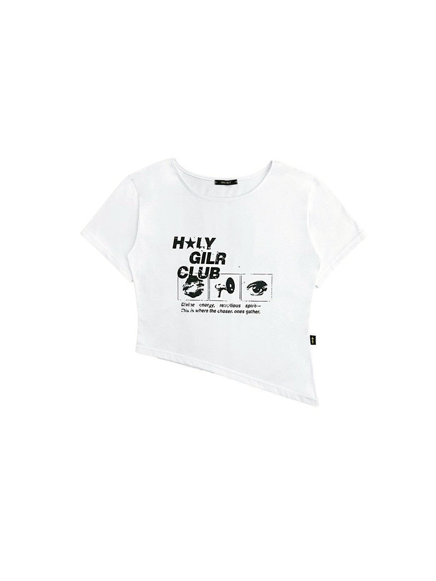 【HOLY NUMBER 7】OFF-SHOULDER HOLY GIRL CLUB GRAPHICS SHORT-SLEEVED T-SHIRT/ 【ホーリーナンバーセブン】オフショルダープリント半袖Tシャツ