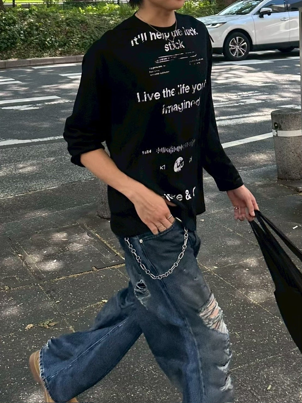 【Chikashitsu +】croque lettering long sleeve / 【チカシツプラス】モックネックレタリング長袖Tシャツ(2color)