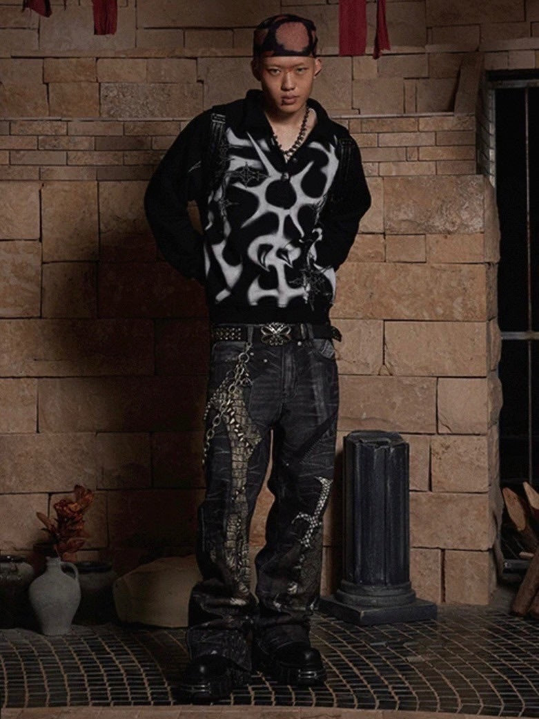 【DND4DES】LEATHER CROSS SPLICING PRINTED JEANS