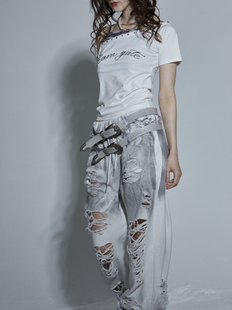 【GATELESS】LAYERED CAMI OFF-SHOULDER T-SHIRT / 【ゲートレス】レイヤードキャミソールオフショルダーTシャツ