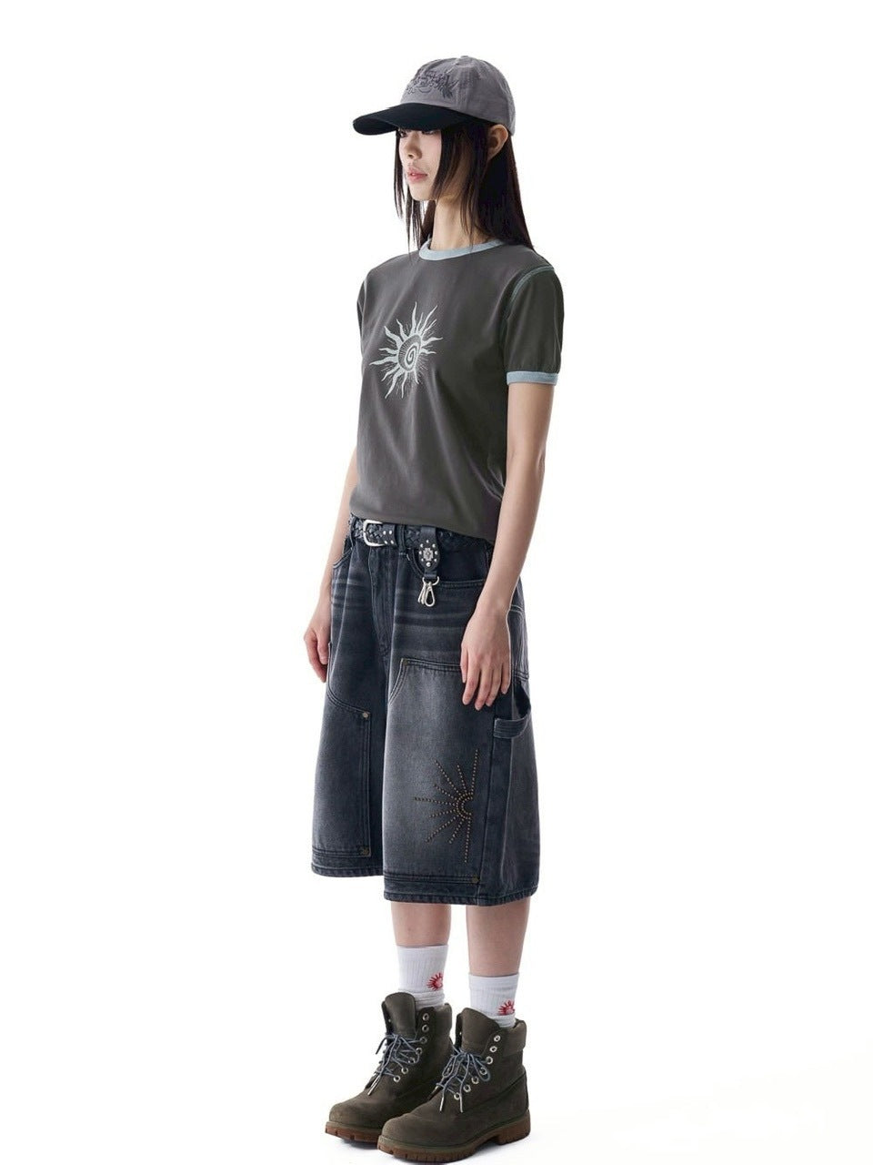 【AAKAM】Washed Double Knee Bermuda Denim Pants