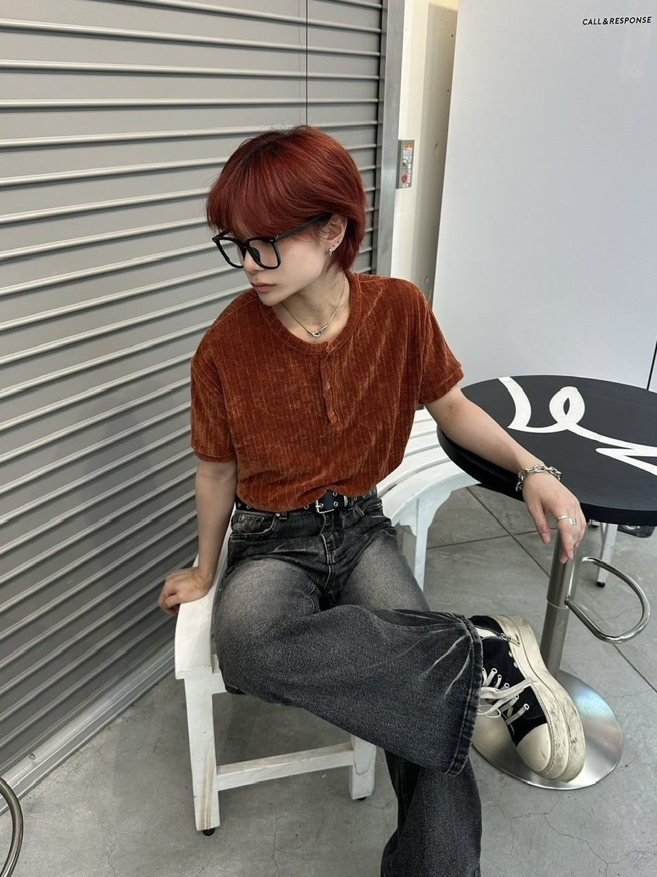 受注制【LUV CODE】henry neck half sleeve velours top (4color)