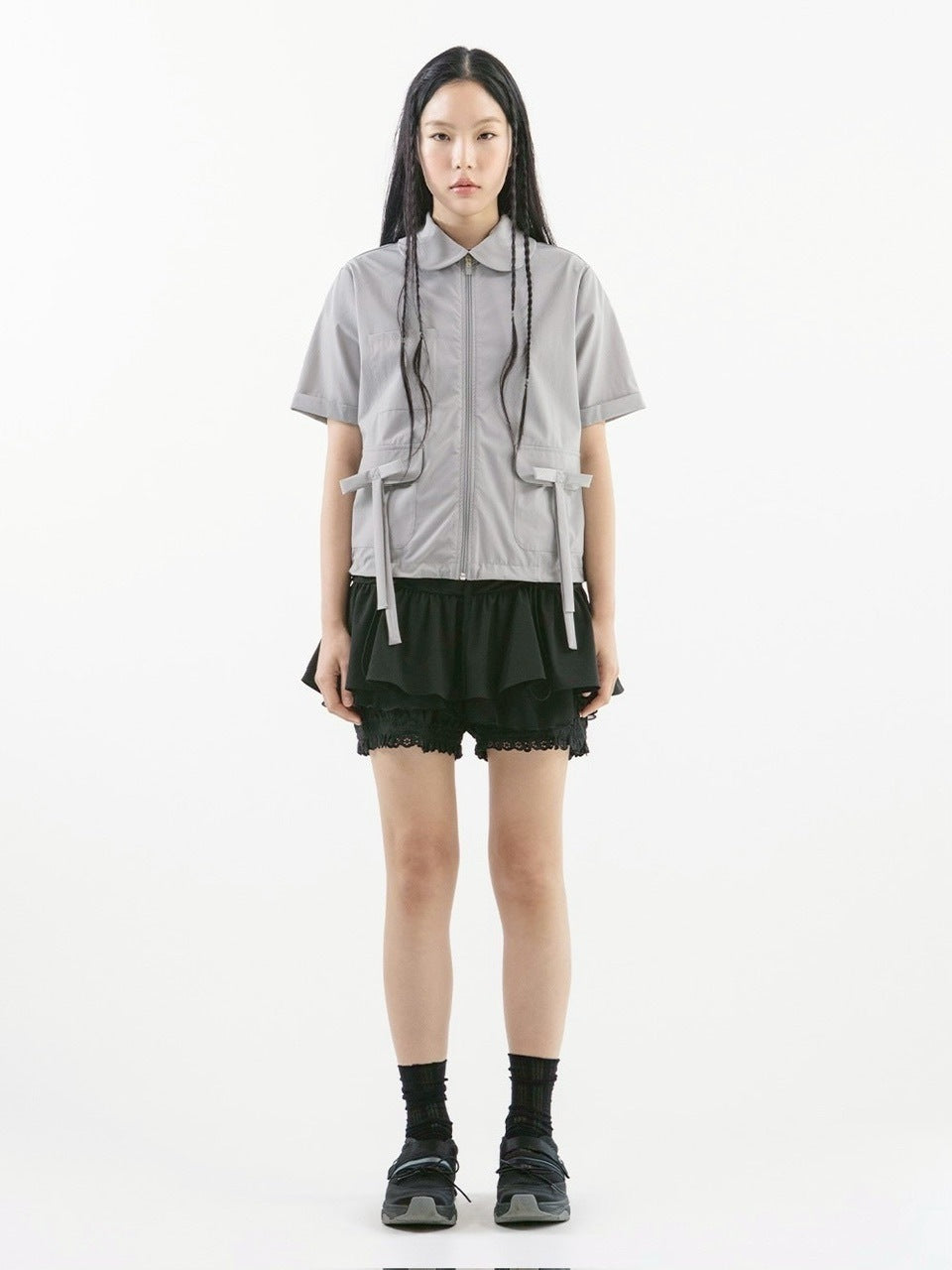 【TUOMIO】ROUND COLLAR NYLON ZIP-UP / 【トゥオミオ】ラウンドカラーナイロン半袖シャツジャケット