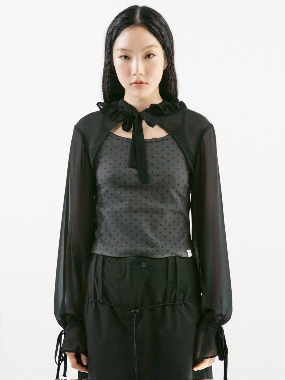 【TUOMIO】CHIFFON HOODED BOLERO / 【トゥオミオ】シフォンフードボレロ