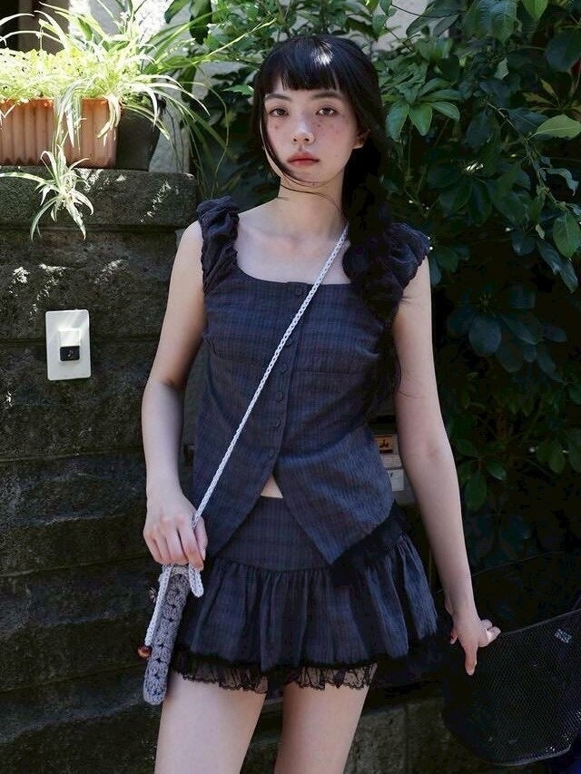 【Uglyshadow】CHECK SHIRRING SKIRT / 【アグリーシャドウ】チェックシャーリングミニスカート