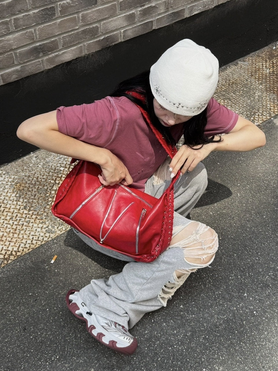 受注制【Chikashitsu +】big zip Non-leather material bag / 【チカシツプラス】ビックジップノンレザーショルダーバッグ